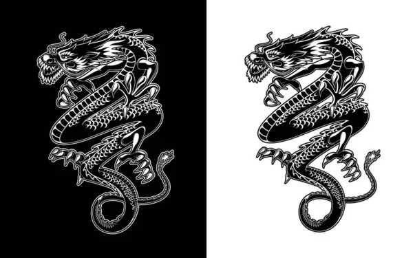 Chinese Dragon Vector Tattoo 아시아의 상징이다 날으거나 춤추는 디자인 점성술 — 스톡 벡터