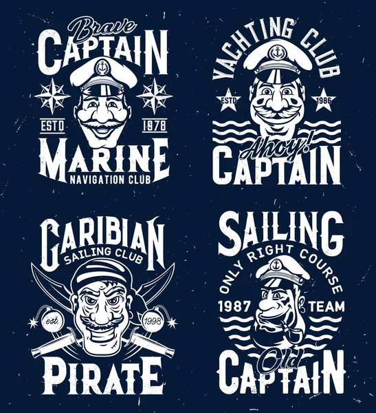 キャプテンと海賊とTシャツのプリント アパレルデザインのベクトルマスコット セーリングやヨットクラブ Tシャツのプリントやエンブレムセットのための海洋文字やタイポグラフィの隔離されたラベル — ストックベクタ