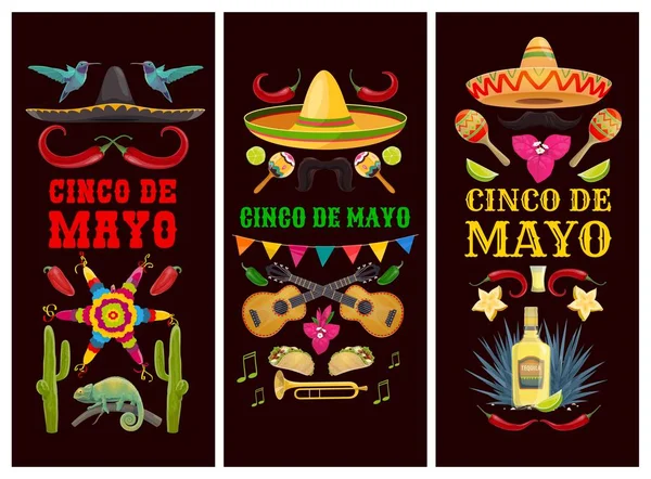 Cinco Mayo Mexikanska Semester Banderoller Vektor Fiesta Parti Sombrero Hattar — Stock vektor