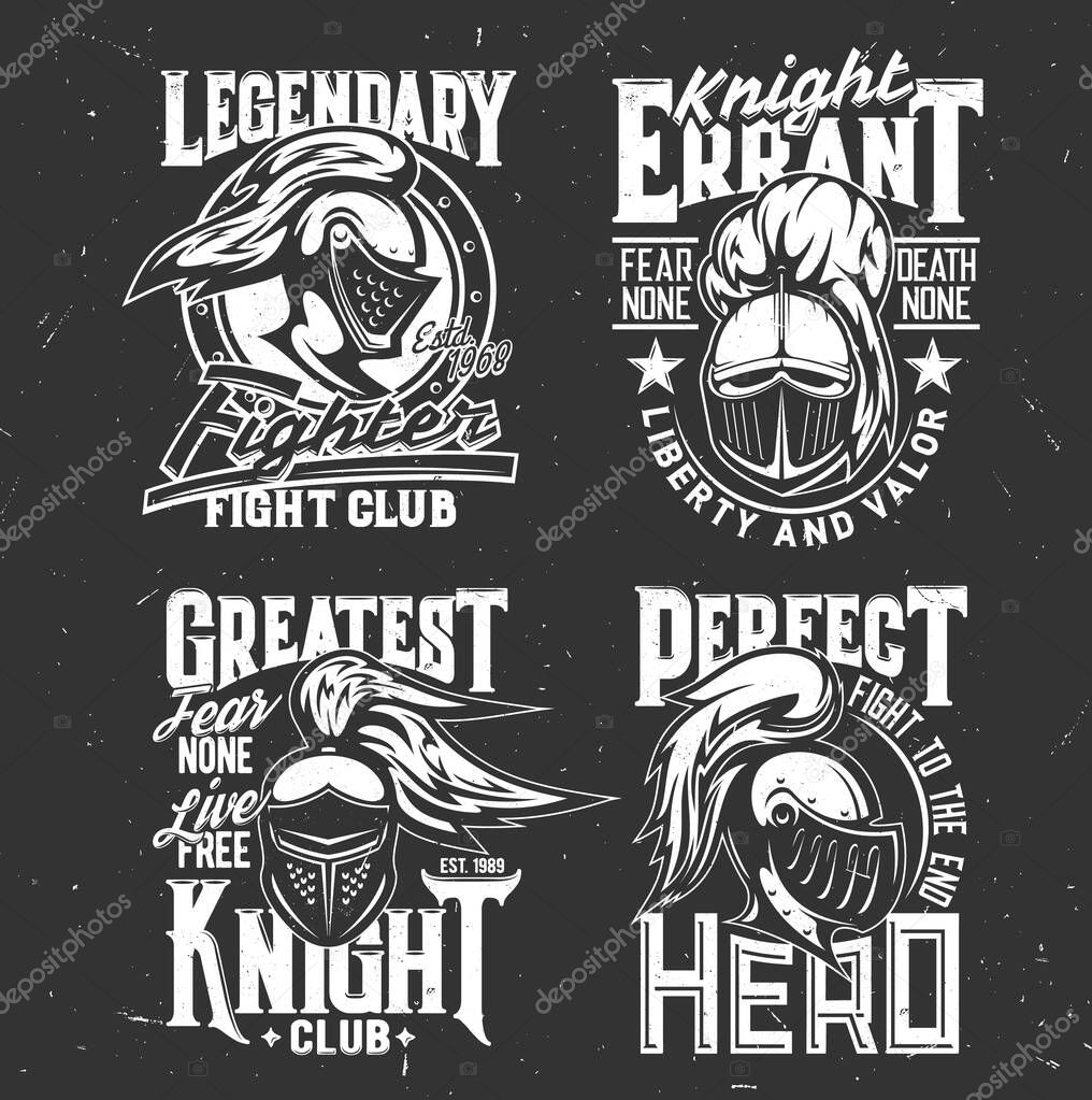 Tshirt prints with knight heads, vector mascots for fight club apparel design. Medieval soldiers, warriors helmet with plumage and visor front and side view. T shirt prints or emblems with typography