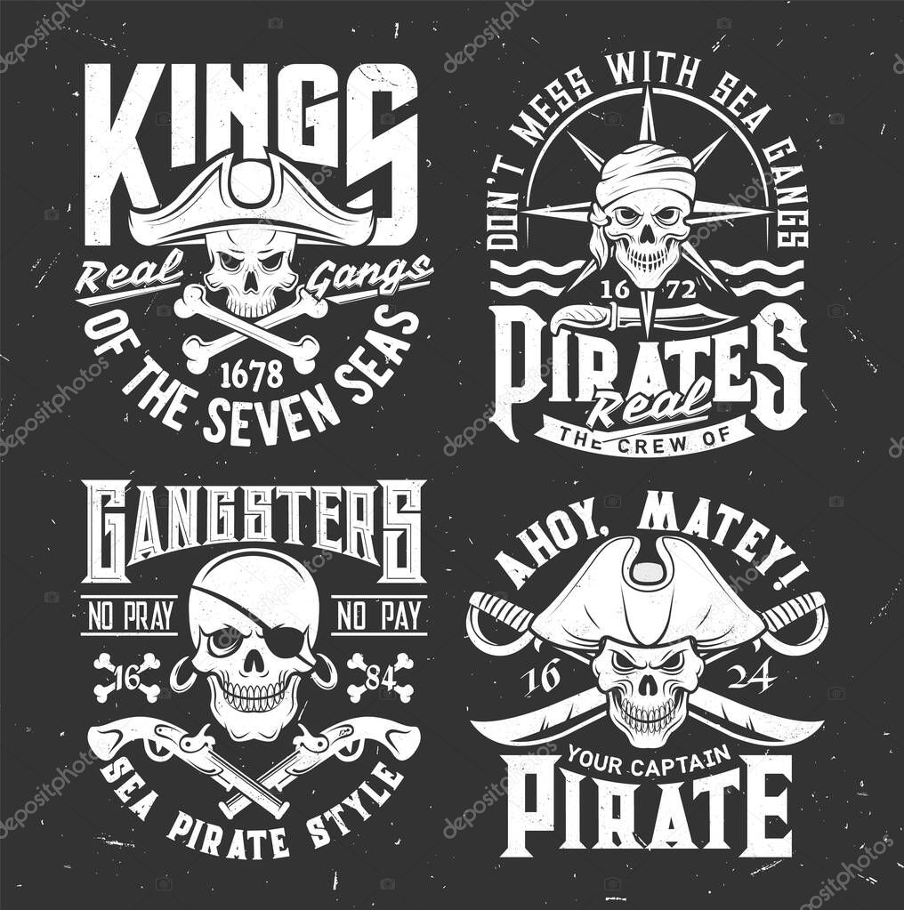 Tshirt prints with pirate skulls in cocked hat, bandana and crossed sabers, bones or guns. Vector mascot for apparel. T shirt print design with typography. Caribbean Jolly roger isolated emblems set