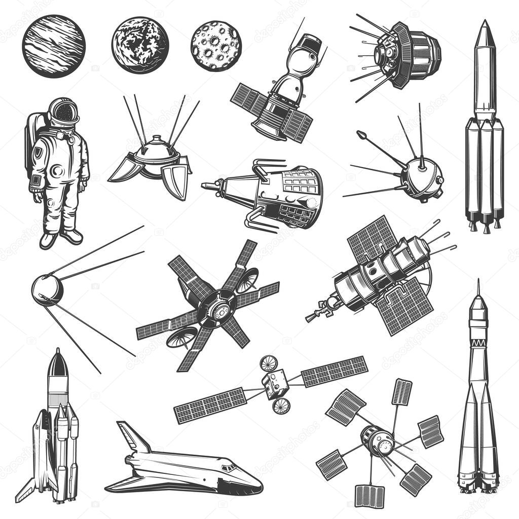 Space exploration, galaxy research spacecraft and satellites icons set. Astronaut in spacesuit, artificial satellites and space station modules, rocketship, shuttle and spaceship engraved vectors