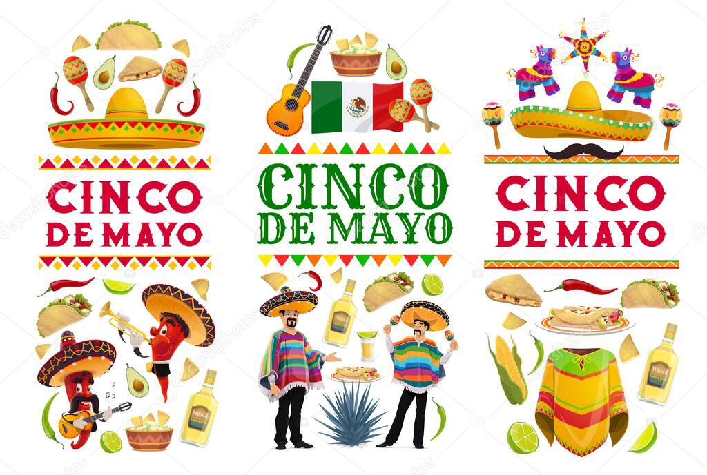 Cinco de Mayo vector banners with Mexican holiday food, fiesta party chilli pepper and mariachi characters. Mexico flag, sombrero hats, maracas and guitars, tacos, pinatas, burritos and nachos