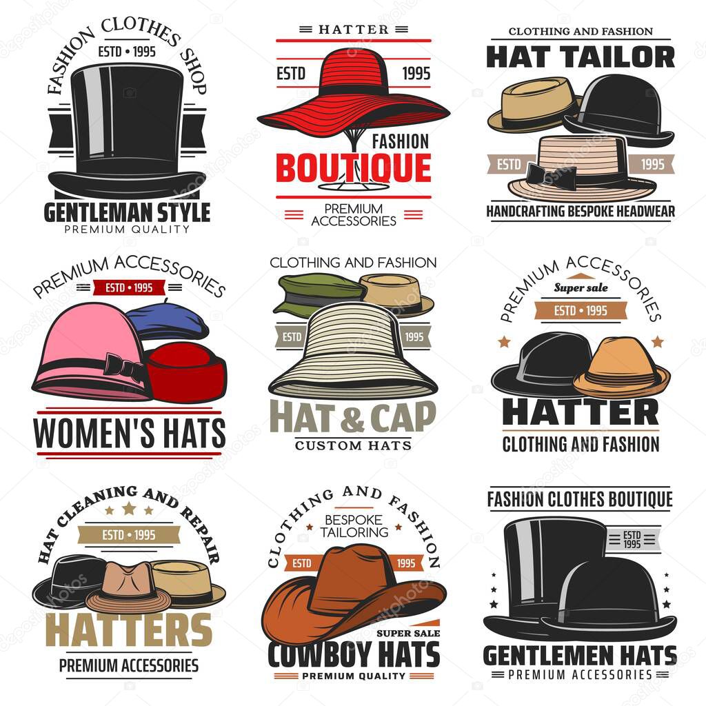 Hats vector icons gentleman top cylinder, floppy, bowler and pork pie hat, cloche, beret or homburg and fedora. Panama, cowboy cap or breton vintage headwear boutique and repair service cartoon signs