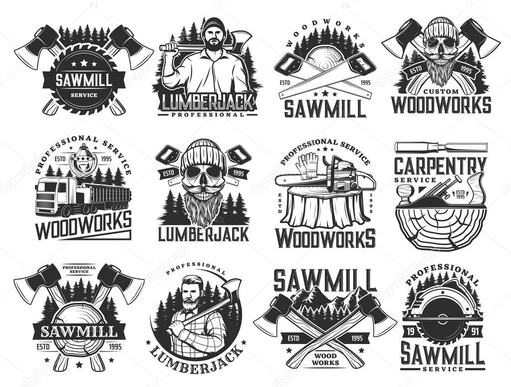 Lumberjack, sawmill lumbering service and logging wood vector icons. Lumber and forestry industry, logger woodwork bearded skull in hat. Woodcutter axe, saw and logging machine, tree logs and stumps