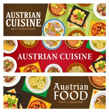 Avusturya mutfak vektör pankartları. Biftek esterhazy ve tafelspitz, sosisli lahana turşusu, sosisli et güveç ve patates salatası, ekmek köftesi knodel, sosis şnitzel vektör besin
