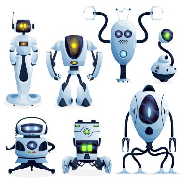 Robotlar, çizgi film karakterleri, android robotlar, vektör. Geleceğin yapay zeka robot robotu ve droid makineleri, dijital fütürist teknoloji ve bilgisayar oyunu yapay zeka, robot yaratıklar.