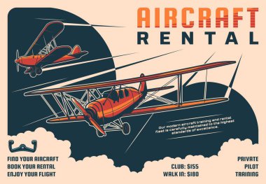 Kiralık uçak turları, özel pilot okulu retro posterleri. Tarihi pervane uçaklar, bulutların içinde uçan klasik çift kanatlı uçaklar, oymalı vektör. Havacılık kulübü, uçuş eğitmenliği sınıfı tanıtım afişi.