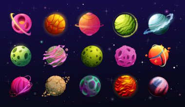 Uzay gezegenleri, çizgi film fantezi uzaylı galaksisi. Oyun, ui veya gui arayüzü elementleri. Fantastik dünya evreninde gezegenler, asteroitler ve haleler yörüngelerde, kraterler, halkalar ve magmalar gökyüzünde yıldızlar, meteorlar