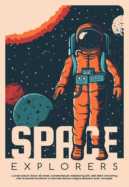 Kosmiczny Plakat Astronauty Kosmonauta Skafandrze Kosmicznym Latającego Przestrzeni Kosmicznej Planet — Wektor stockowy