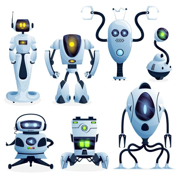 Roboty Postaci Kreskówek Androidy Wektor Przyszłość Robot Cyborg Maszyny Droid — Wektor stockowy