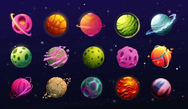 Planètes Spatiales Galaxie Extraterrestre Imaginaire Dessin Animé Éléments Interface Jeu — Image vectorielle