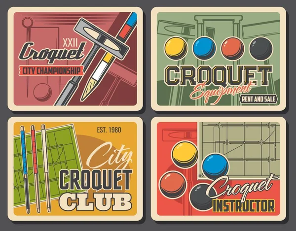 Croquet Club Sport Retro Vektorplakate Ball Stöcke Und Schläger Krocketturnier — Stockvektor