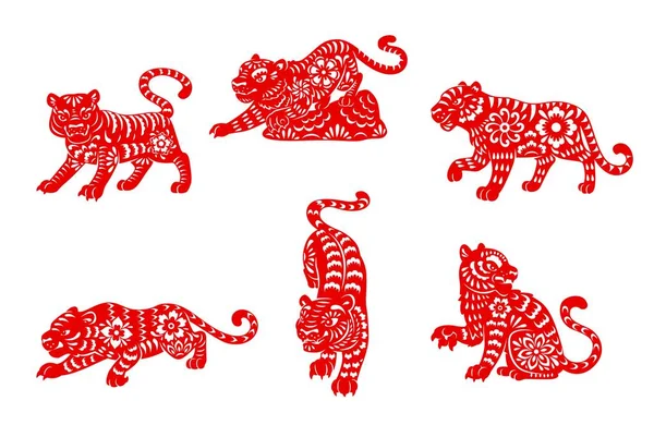 Zodíaco Tigre Animal Papercut Ícones Vetoriais Horóscopo Chinês Horóscopo Vermelho — Vetor de Stock