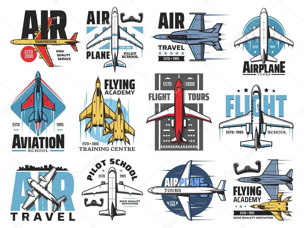 Airplane pilot school, avaiation vector icons set. Air transportation service, flight travel tours emblem or badge. Civil and military airplanes, army jet fighter and passenger airliner