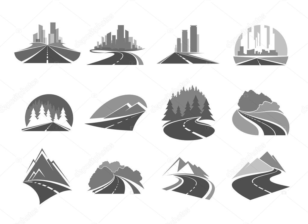 Road icons, highway to city, forest and mountains, way and traffic route, vector icons. Road signs of travel, tourism and highway construction service, transport pathway drive and cityscape