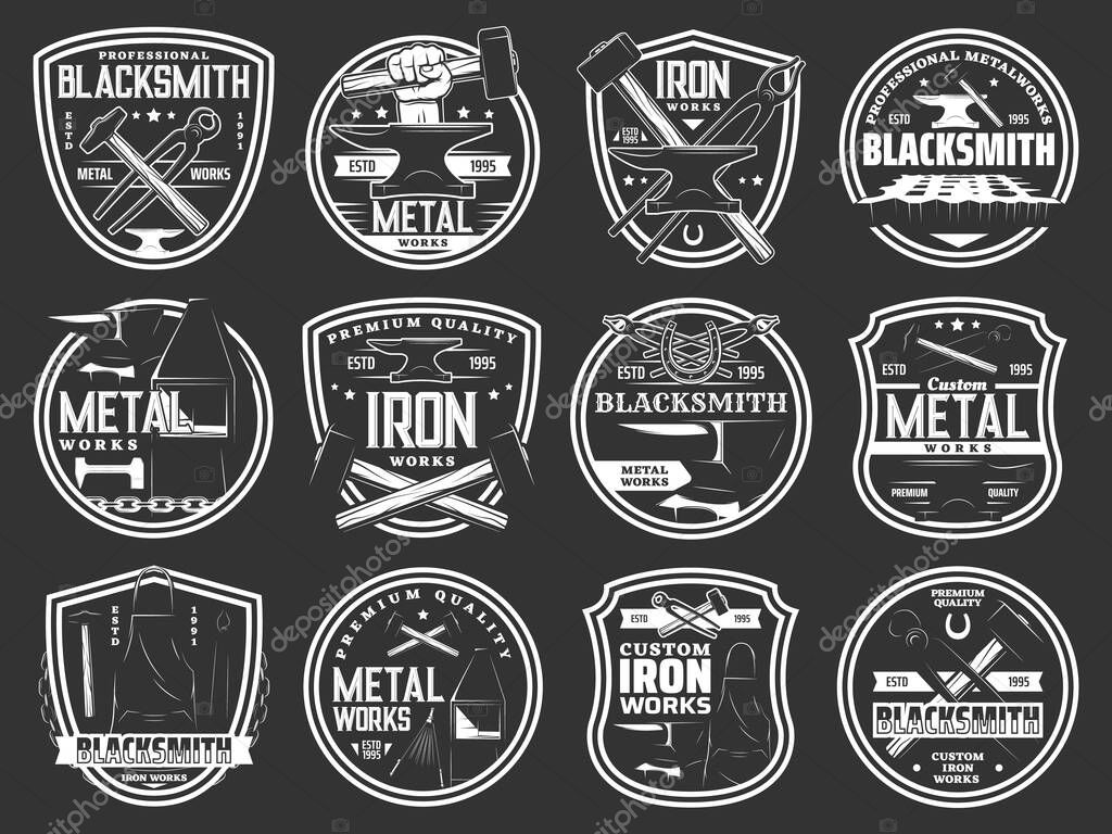 Blacksmith steel forging, iron and metal works workshop vector icons. Blacksmith foundry anvil and hammer in hand signs and metalwork emblems, forged products and custom iron works equipment tools