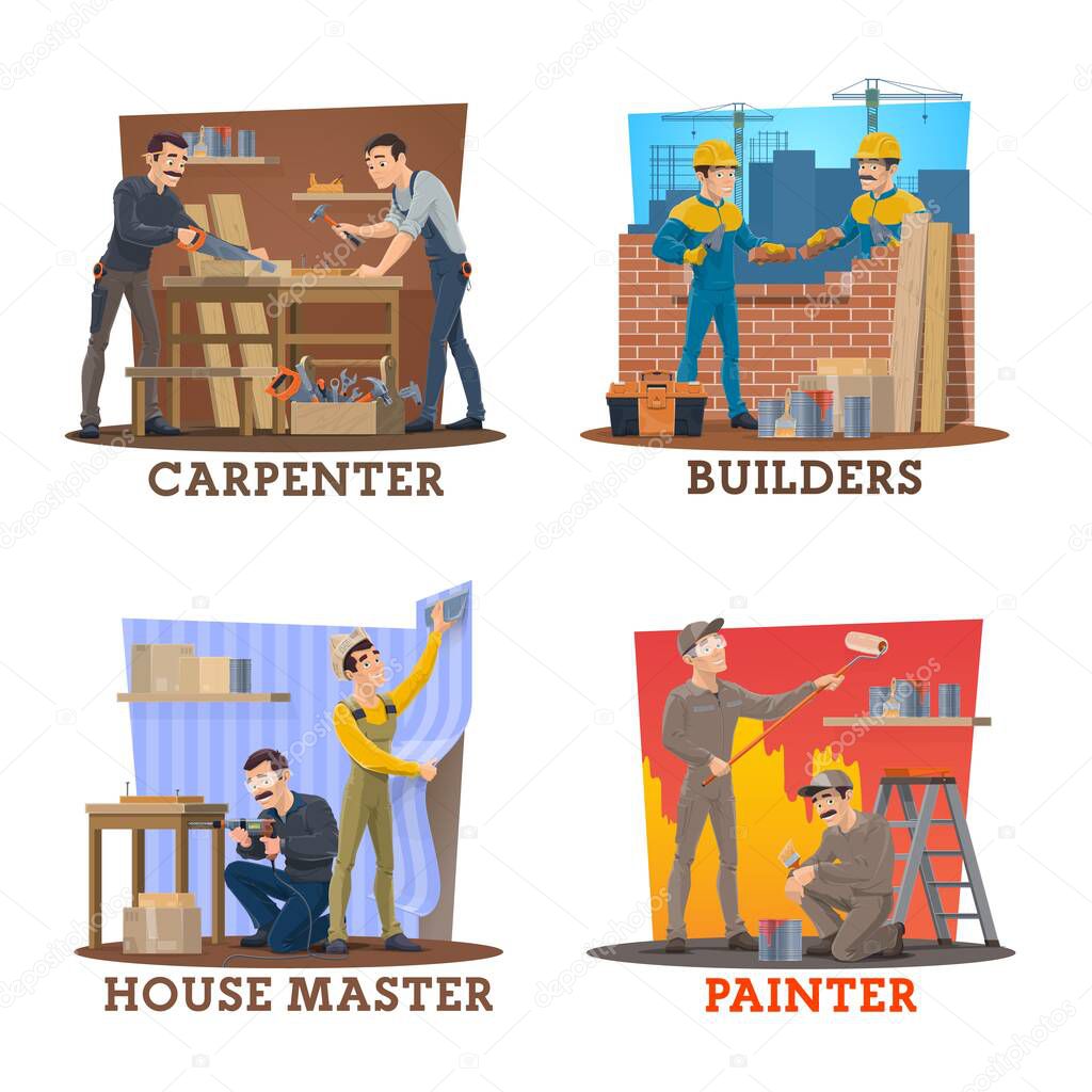 Construction industry workers. Carpenters in workshop, bricklayers laying a wall, painter worker and wallpapering, furniture assembler. House repair and apartment renovation