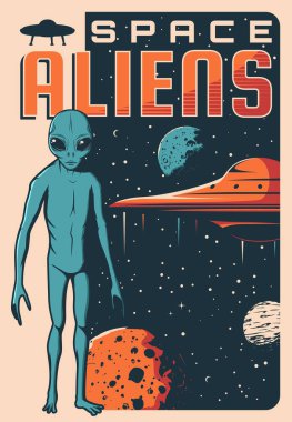 Uzaylılar, UFO uzay gemisi retro vektör bayrağı. Mavi derili ve büyük gözlü insansı uzaylı, dünya dışı yaşam formu ve gezegenler ve yıldızlar arasında uzayda uçan daire.