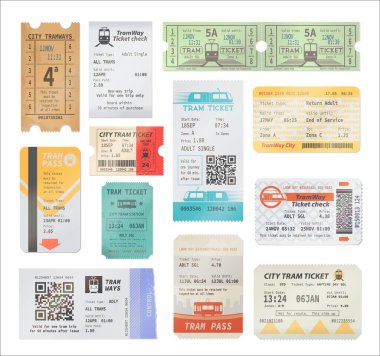 QR kodlu klasik ve modern tramvay biletleri, izole vektör nesneleri. Ulaşım retro 'su, modern geçiş kartları, gezi kuponları. Tramvaya biniş tarihi, şehir ulaşımı izni