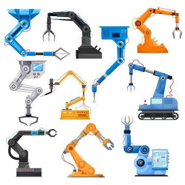 Robot manipülatörünün endüstriyel robot kolları, vektör. Otomasyon teknolojisi üretiliyor. Döner eklemli endüstriyel eklemli robotlar lazerli ve kaynak makineli mekanik eller