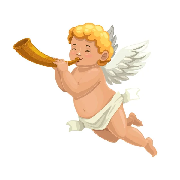 Cupid Angel Amur Cartoon Character Blowing Horn Vector Valentines Day — Stock Vector