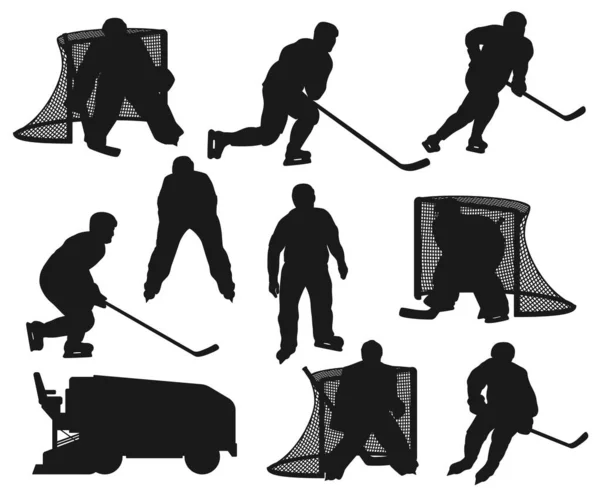 Jugadores Hockey Sobre Hielo Siluetas Negras Vector Deportistas Portero Árbitro — Archivo Imágenes Vectoriales