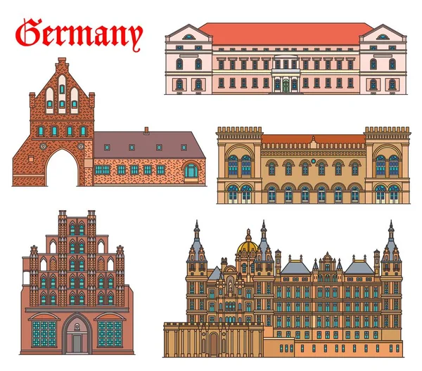 德国的地标建筑 教堂和主教座堂位于施沃林和维斯马 德国拉索斯市政厅 城堡碎屑和水闸 哥特式奥尔特施韦德城的地标 — 图库矢量图片