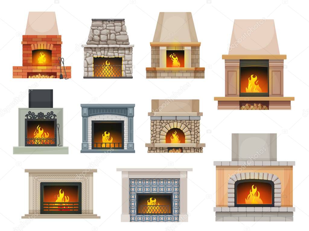 House fireplace with firewood flames. Home open cartoon vector hearth fireplaces made of bricks, stone and decorated ceramic tiles mantel, metal grates, poker and shove, wood chunks