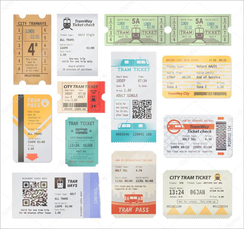 Vintage and modern tram tickets with qr code, isolated vector objects. Transportation retro and modern pass cards, trip paper coupons. Boarding tram admits with date, city transport access