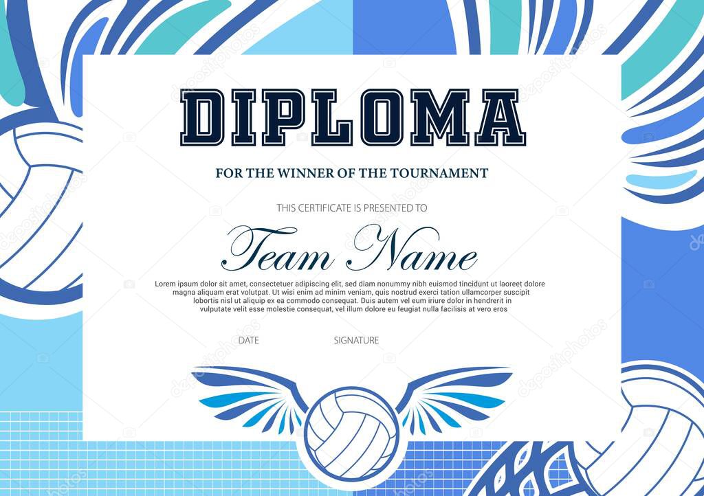Certificate for volleyball tournament winner. Sports club diploma vector template. Sport award and achievement border design with winged ball and net. School league or beach volleyball competition