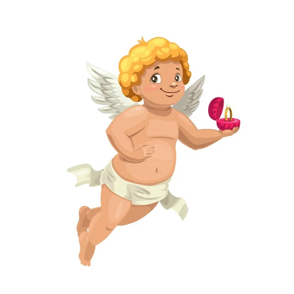 Amor Engel Mit Verlobungsring Vektor Hochzeitsfigur Cartoon Amur Oder Cherub — Stockvektor