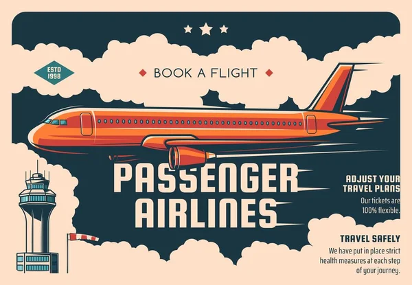 Passenger Airline Tickets Booking Service Vintage Vector Poster Airliner Flying — Stock Vector