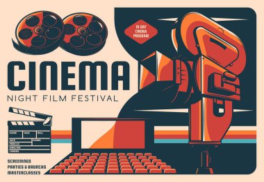 Sinema gecesi film festivali vektör retro posteri, sinema salonu, klasik video kamera, film makarası ve alkışlama tahtası. Sinema programı, sinematografi eğlence endüstrisi, eski kamera