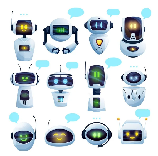 Chat Bot Oder Chatbot Roboter Zeichentrickfiguren Mit Vektor Sprechblasen Roboter — Stockvektor