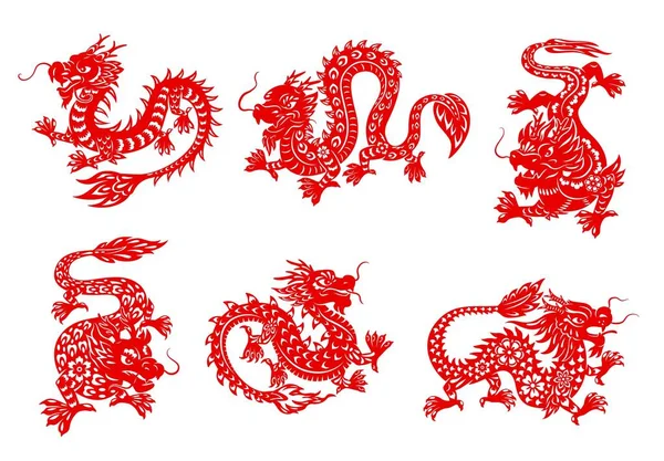 Asian Zodiac Horoscope Dragon Vector Papercuts Red Dragon Animal Isolated — Stock Vector