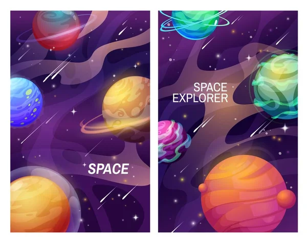 Ruimte Sterrenstelsel Universum Cartoon Planeten Vector Banners Van Ruimte Fantasy — Stockvector