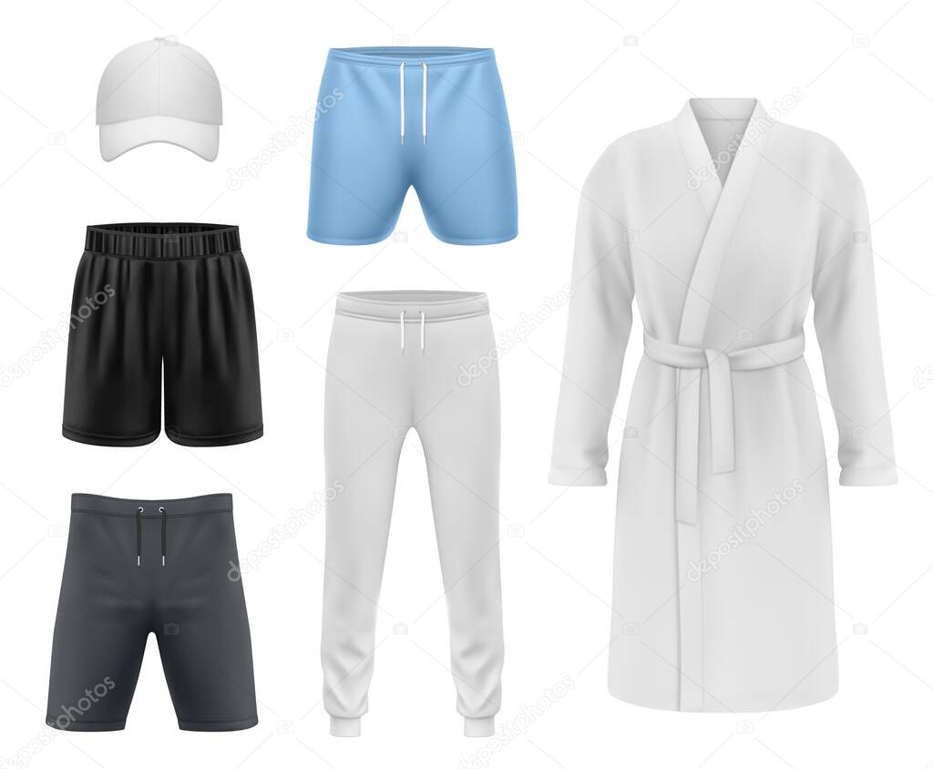 Men clothing realistic vector mockup, sport shorts, fitness cap, joggers and recreation bathrobe. Menswear and casual sportswear, jogging tights and gym or boxing shorts pants with bath gown or cape