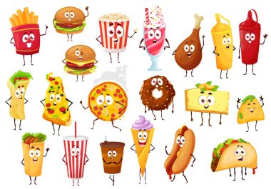 Fast food çizgi film karakterleri. Vektör burgerler, içecekler ve tatlılar. Pizza, hamburger ve sosisli sandviç, patates kızartması ve kahve, çörek ve patlamış mısır, soda, tavuk budu ve burrito, taco ve cips.