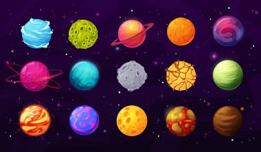 Fantezi uzay gezegenleri, yıldızlar ve asteroit karikatür vektör kümesi. Yabancı dünyalar, yüzeyinde kraterler, çatlaklar ve lav olan gezegenler, yörünge halkaları vektörü. Kullanıcı Arayüzü, UI grafik arayüzleri ve oyun ögeleri