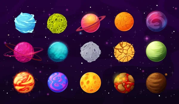 Fantasia Planetas Espaciais Estrelas Asteróides Cartoon Vector Set Mundos Alienígenas —  Vetores de Stock