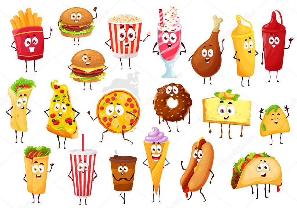 Fast food cartoon characters. Vector burgers, drinks and desserts. Pizza, hamburger and hot dog sandwich, french fries and coffee, donut and popcorn, soda, chicken leg and burrito, tacos and nachos