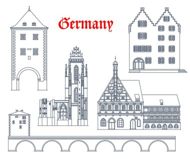 Almanya seyahatleri, Bavyera ve Hessen 'deki Alman şehirlerinin simgelerini simgeler. Almanya 'nın Forchheim rathaus, Oppenheim Gautor anıtı, Wetzlar katedrali ve Limburg eski köprüsünün simgeleri