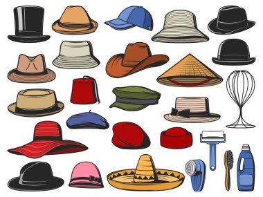 Hats and caps vector. Man and woman headwear icons. Cowboy, Asian straw and cylinder hats, beret, bowler, fedora and beanie, baseball cap, sombrero, cloche, panama and pillbox headdress clipart