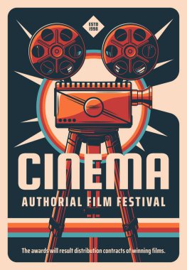 Sinema senaryosu film festivali retro posteri. Tripodun üzerindeki makaralı eski sinema kamerası, eski model tipografi oymalı vektör. Sanat filmleri festivali tanıtım pankartı, sanat fethi ödül töreni davetiyesi