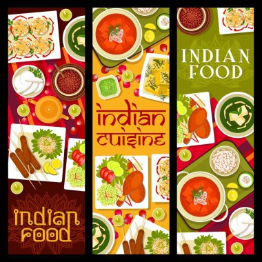 Hint lokantası servis pankartları. Kuzu kebabı, masala çayı ve Tandır tavuğu, Palak Paneer ıspanak çorbası, Nan yassı ekmeği ve Hindistan cevizli kurabiye, paneer peyniri, Khaman Dhokla keki