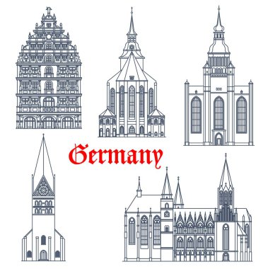 Almanya mimari yapıları, gotik kilise ve katedrallerin vektör simgeleri. Almanya 'nın St. Michael ve John Kilisesi Luneburg, Oppenheim Katharinenkirche ve Gewandhaus Braunschweig kentleri