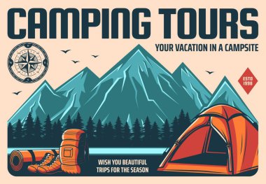 Kamp turları, dağ yürüyüşleri ya da tırmanma, açık hava turizmi, vektör retro posterleri. Dağ yürüyüşü ve kamp gezisi, kamp çadırı ve rafting ve kano için sırt çantası.