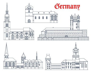 Almanya tarihi binalar, kaleler, katedraller ve kiliseler, vektör ikonlar. Almanya 'da Munster Katedrali, Saint Reinhold ve Peter Kilisesi, Dortmund, Kleve ve Eltville' deki Schwanenburg Şatosu ve