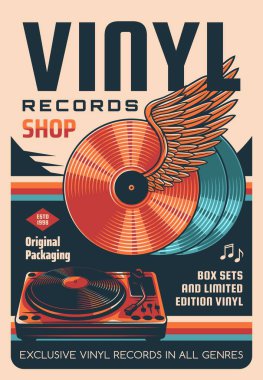 Vinil kayıt mağazası vektör retro posteri. Kanatlı vinil diskler, DJ müzik platformları. Eski müzik kayıt mağazası, işitsel hobi mağazası promosyon afişi sesli çalma ekipmanı ve klasik tipografi